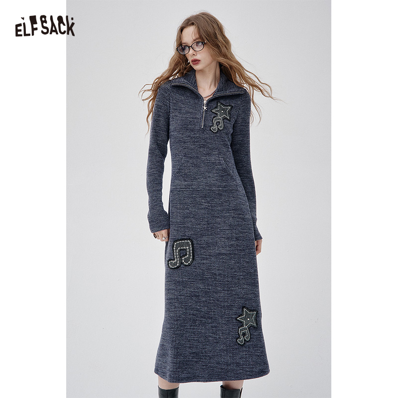 ELFSACK Winter New Arrivals Casual Lapel Collar Musical Note Embroidery Knitted Dress For Woman ราคา 1,745 บาท*ส่งฟรี