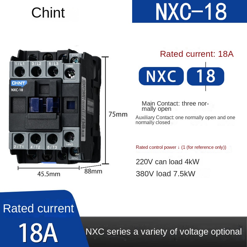 Contactor AC CHINT NXC AC220V - NXC-18 | tùy chọn Đơn Pha 220V, Ba Pha 380V, 110V, 6A-630A