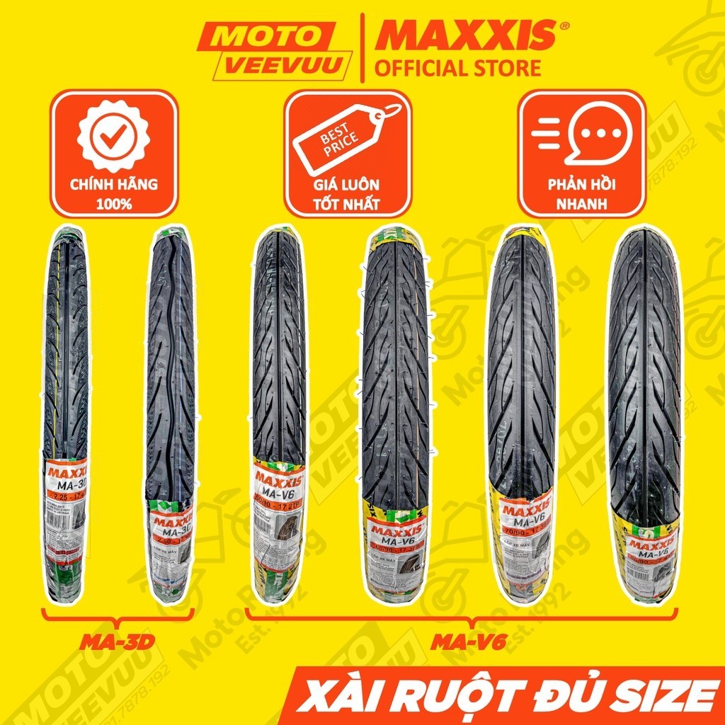   MTVV  Vỏ lốp xe máy MAXXIS đủ size nhỏ KHÔNG KÈM RUỘT MA-V6 Gai xương cá MA-3D 45 50 60 70 80 90 2.25 2.50 2.75 17 