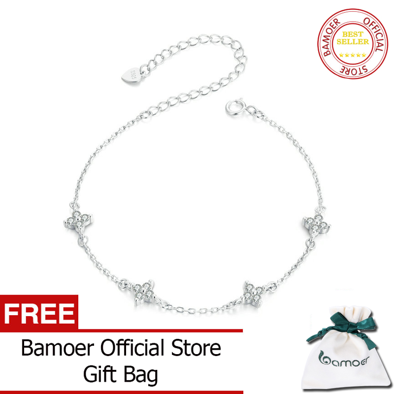 BAMOER 925 Sterling Silver Bracelet White Gold Plated Shiny Zircon Flower Bracelet for Women Girl Classic Temperament Jewelry BSB158 ราคา 1,200 บาท*ส่งฟรี