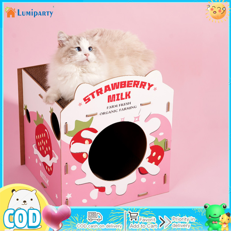 Cat House With Scratcher Pad, 14.8"x14"x17" Cat Cardboard House For Indoor Cats With Side Strawberry Hole, Double-Layer Corrugated Pet Nest For Kittens Small Animals ราคา 780 บาท*ส่งฟรี