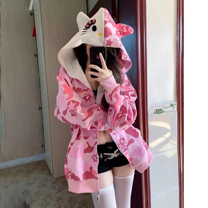 [Psyg] Hello Kitty Y2K Áo Khoác Áo khoác có mũ có khóa kéo Kawaii Sanrio Miniso Dễ Thương Anime Ngụy