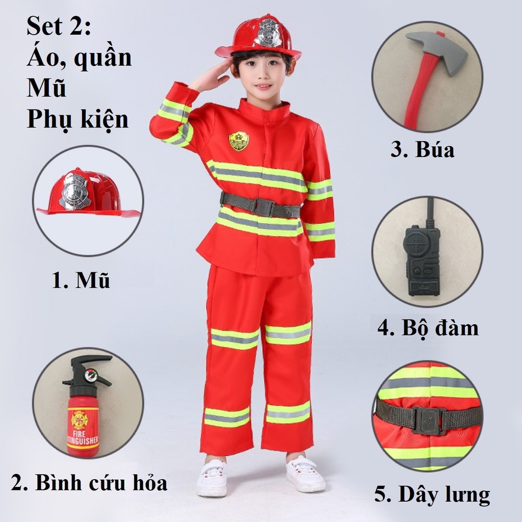 Bộ đồ hóa trang lính cứu hỏa cho trẻ em và người lớn, trang phục hóa trang lính cứu hỏa cho bé