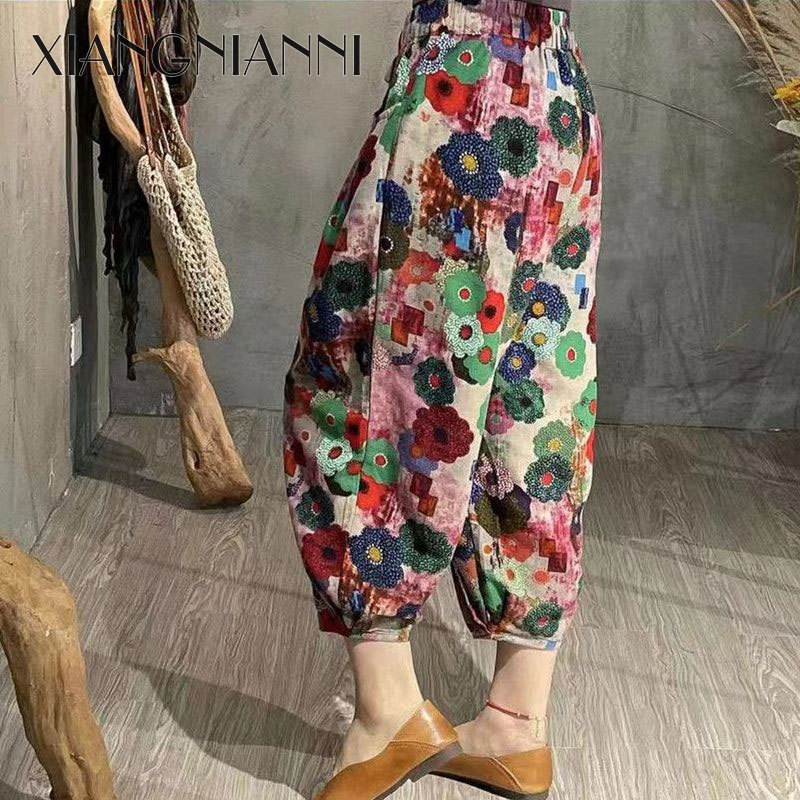 XIANG NIAN NI Fashion foreign-style flower linen nine-point pants casual wide-leg Harlan radish pants 2025 ราคา 135 บาท*ส่งฟรี