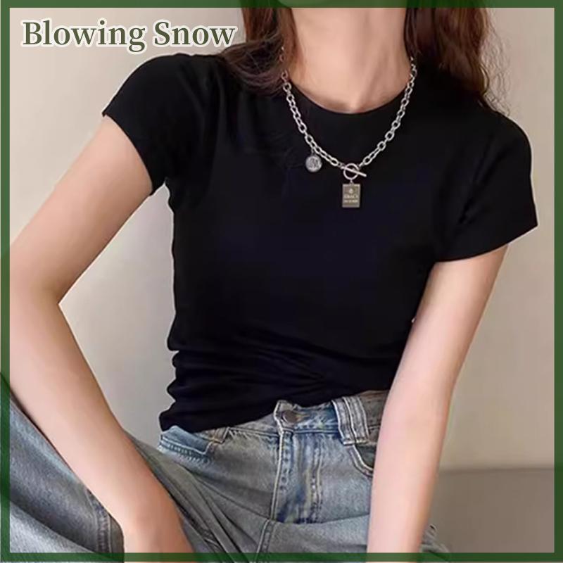 Blowing Thời trang Hàn Quốc rắn màu Vòng cổ ngắn tay áo cơ bản mỏng T-Shirt của phụ nữ Crop Top