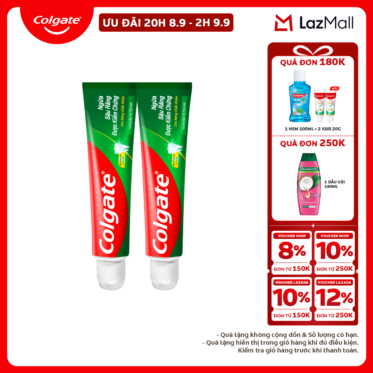 [Chỉ 20H 8-9.9_X2 Voucher giảm 22%] [Travel Size] Bộ 2 Kem đánh răng Colgate ngừa sâu răng răng chắc khỏe 45g/tuýp