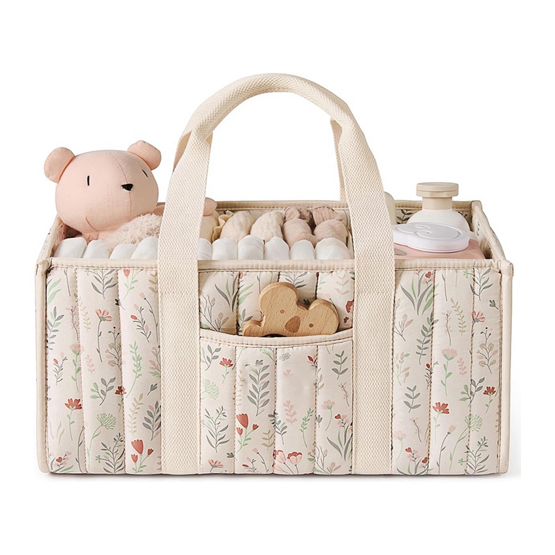 【Latest model】Floral Beige Diaper Organizer for Baby Stylish Nursery Storage Basket Gift for Baby Shower&amp Newborn Essentials