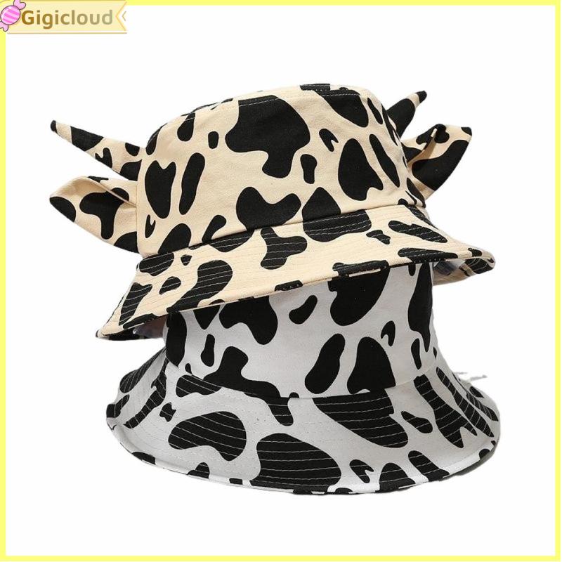 Gigicloud Cow Print Bucket Hat With Cute Horn Ears Summer Beach Sun Caps Foldable Sun Protection Fisherman Hat For Women Men ราคา 160 บาท*ส่งฟรี