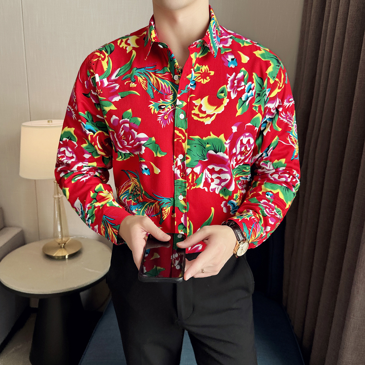Áo Sơ Mi Hoa To Phong Cách Trung Quốc In Hoa Thời Trang Cổ Bẻ Dài Tay Thời Trang Nam Xuân Thu Áo Sơ Mi Hoa Cá Tính Thường Ngày Cho Nam