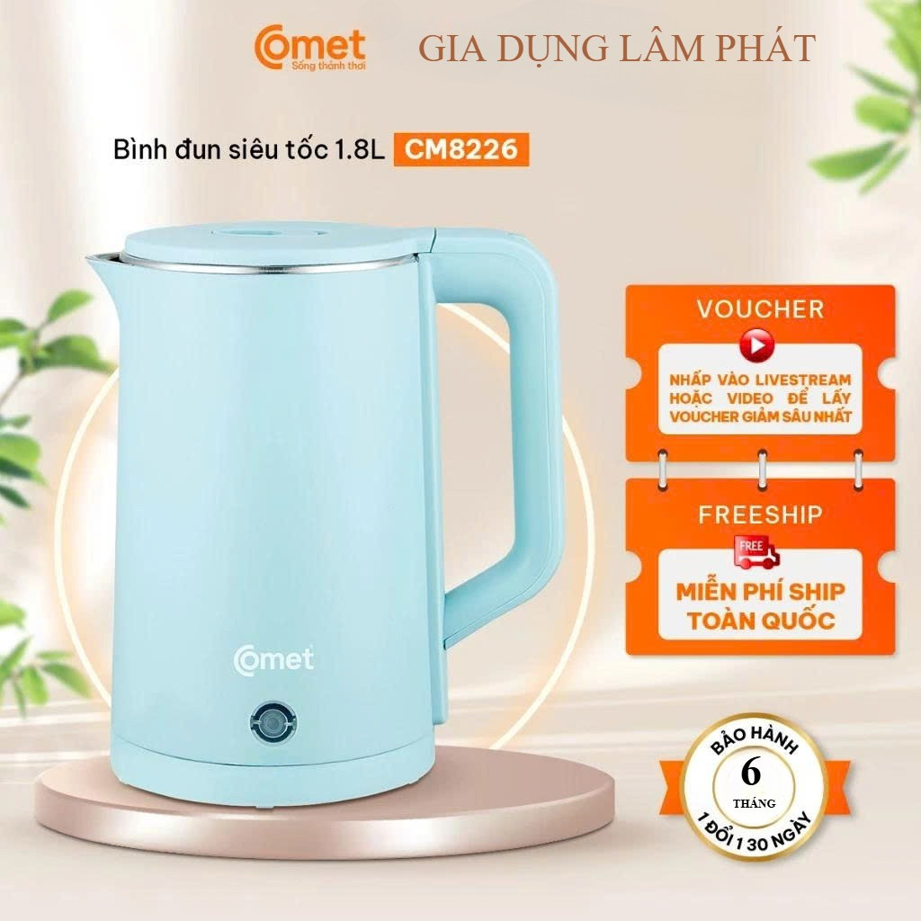 Bình Đun Siêu Tốc Comet CM-8226 Chính Hãng – Đun Nhanh Chỉ 3 Phút, An Toàn Tuyệt Đối
