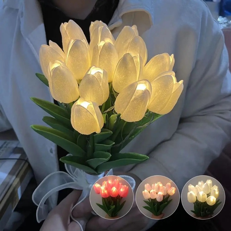 10PCS Led Tulips Artificial Flowers PU Tulip Fake Flower Bouquet Night Light for Home Garden Decor