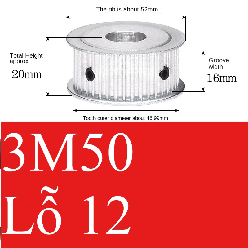Bánh Răng Đồng Bộ 3M 50 Răng AF Guangfa - Hai Mặt Phẳng, Rãnh 16mm, Lỗ 5-30mm, Nhôm, Truyền Động Chính Xác Công Nghiệp - 16 Lỗ 12