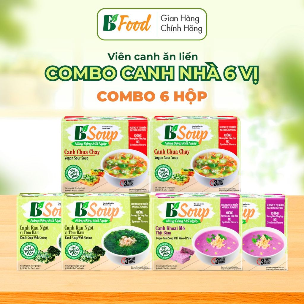 Combo 6 hộp Viên Canh Ăn Liền, Canh Chua Chay, Khoai Mỡ, Rau Ngót, Canh Lười Sấy thăng hoa, B'Soup