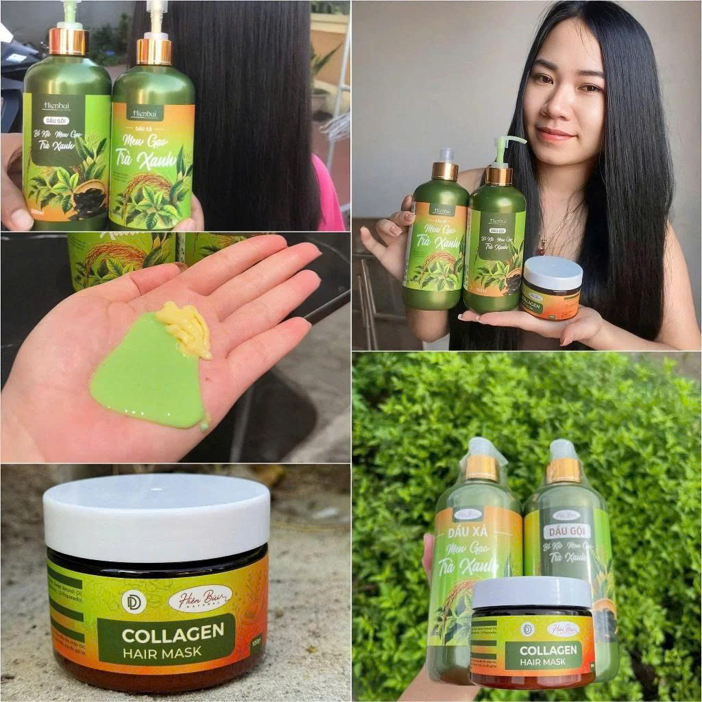  Combo Dầu Gội -Xả Bồ Kết Men Gạo Trà Xanh Hiền Bùi 500ml tặng ủ tóc collagen 