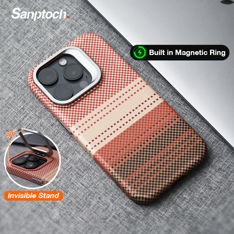 Sanptoch For Magsafe Invisible Stand Phone Case For iPhone 16 / 15 / 14 / 13 Pro Max Pixel Pattern Carbon Fiber Texture Hard Cover For iPhone 16 Pro Max Anti-fingerprint Protection Casing With Alloy Camera Lens Holder