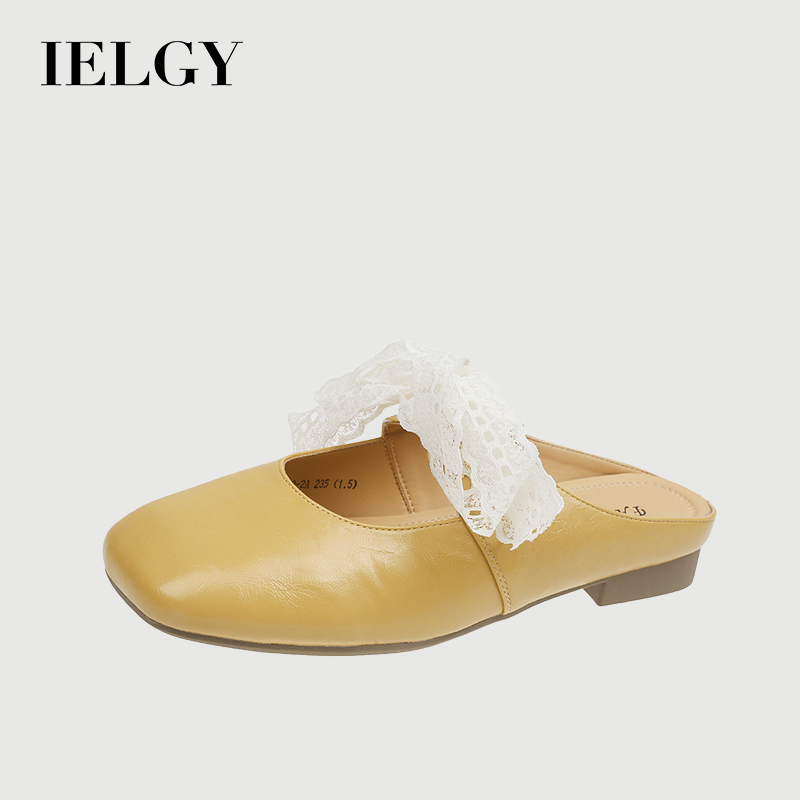 IELGY Sweet lace bowknot closed toe shoes for women thick heel slip-on flat shoes ราคา 434 บาท*ส่งฟรี