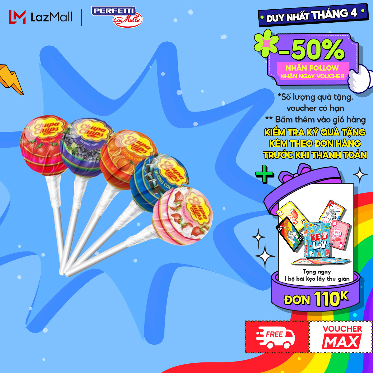 Que kẹo mút khổng lồ Chupa Chups hương trái cây hỗn hợp (bên trong 10 que kẹo mút nhỏ)