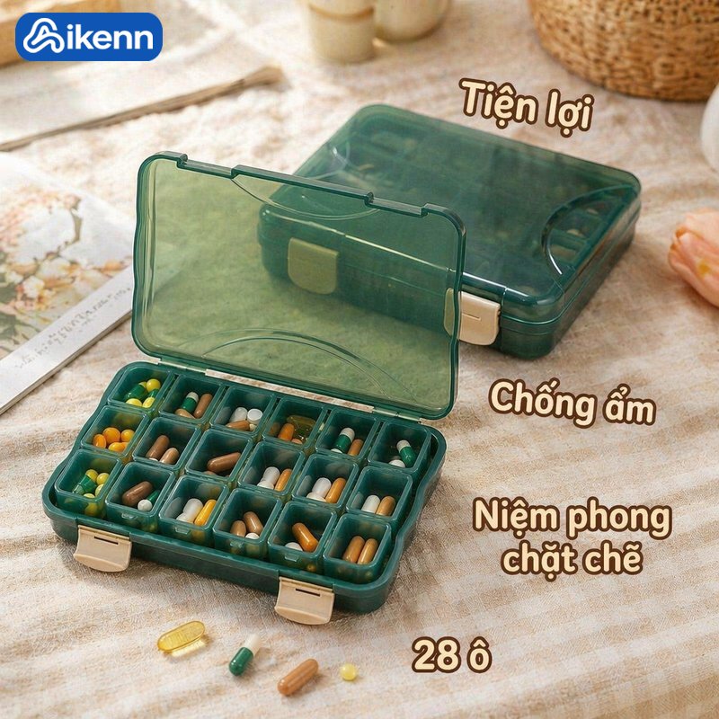Aikenn Hộp chia thuốc 7 ngày 28 ngăn hộp thuốc tuần 4 thời điểm sáng trưa chiều tối nhựa an toàn khóa bấm du lịch