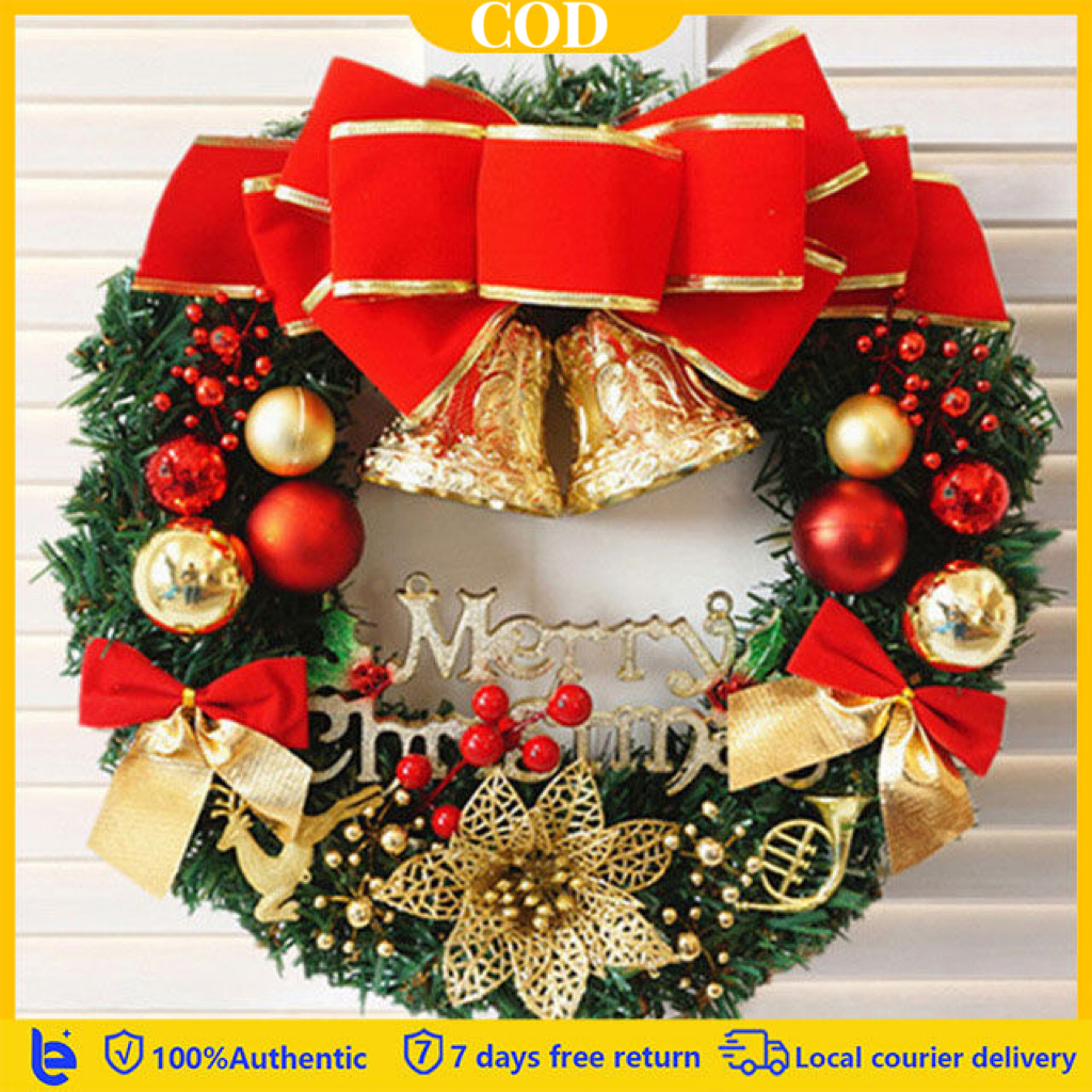 Product photo of Red Bow and Gold Bells Christmas Wreath with Merry Christmas Sign from its Lazada listing
