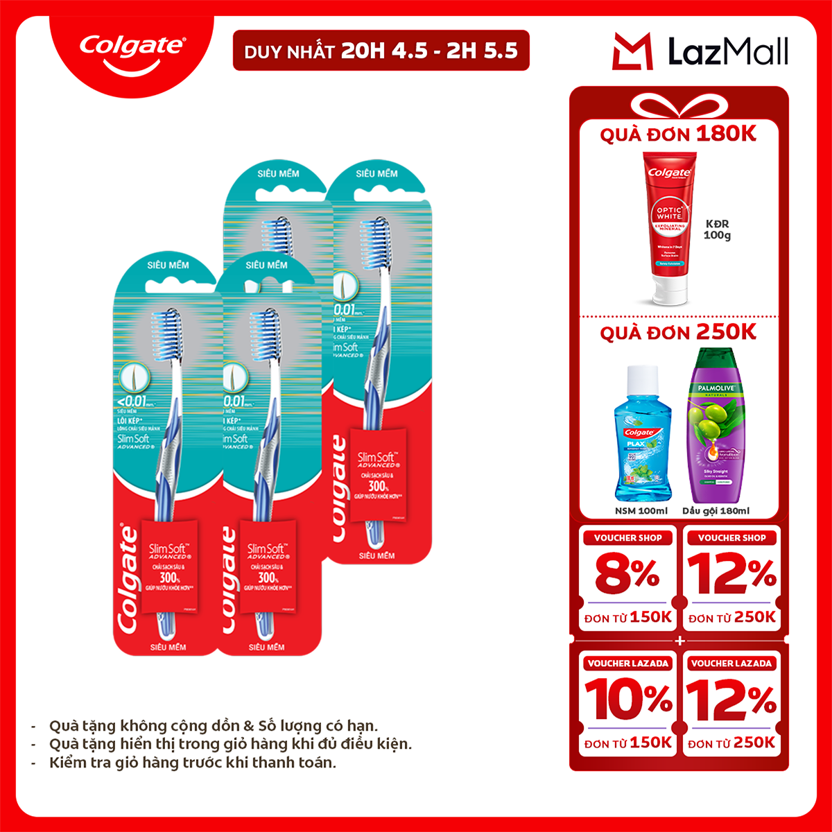 [Chỉ 25-29.4_X2 Voucher giảm 20%] Bàn chải Colgate Slimsoft Advanced lõi kép ngăn chảy máu nướu siêu mềm mảnh