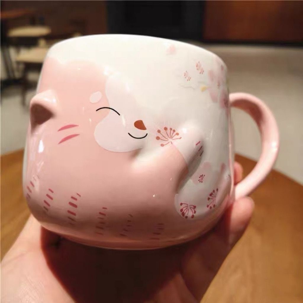 Starbucks cup Cherry Blossom cup cốc nước màu hồng Sakura dễ thương ca Con Mèo mèo ôm hoa anh đào để bàn cốc nước kỳ nghỉ quà tặng sinh nhật