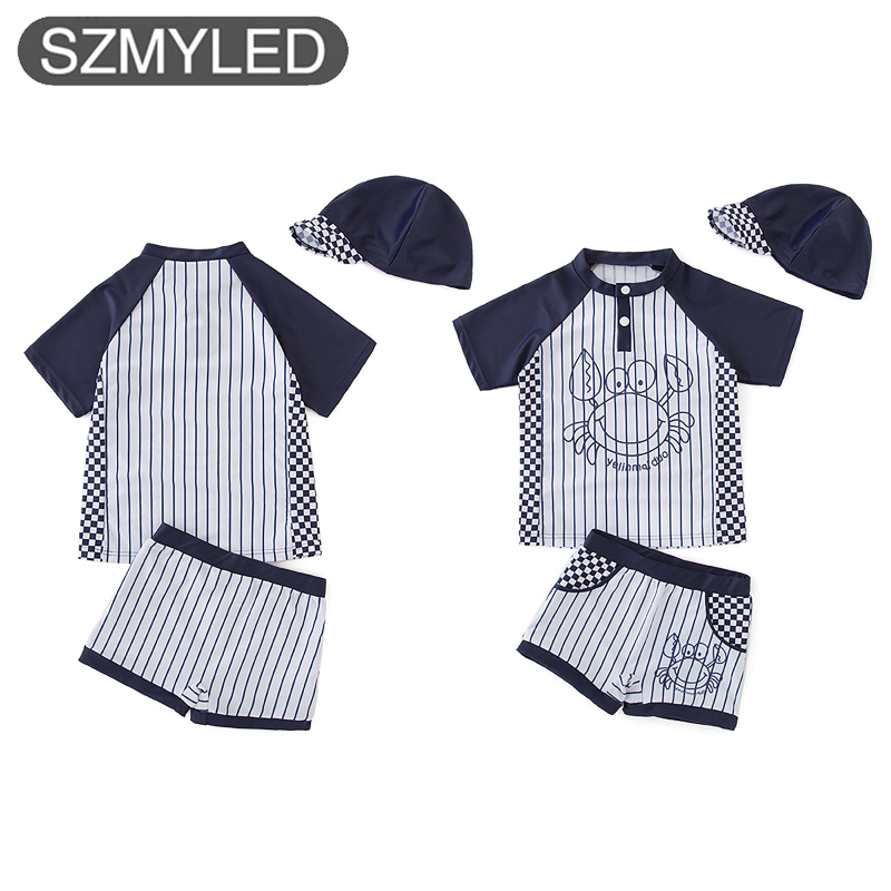Baby Boys' Swimsuits 2-Piece Summer Stripe Short Sleeve Cartoon Printing Tops Casual Plaid Swim Trunk Set For Beach