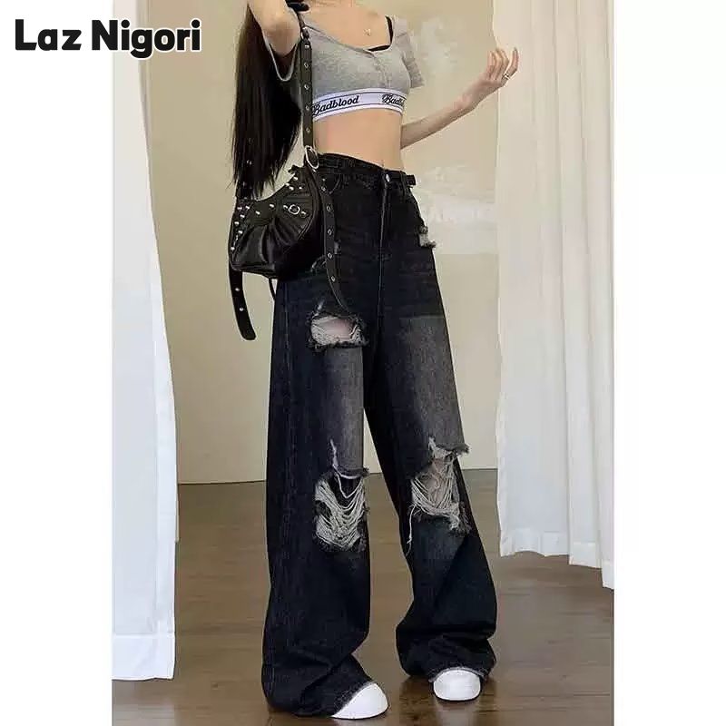 Laz Nigori Women's Jeans New Fashion High Waist Ripped Wide-Legged Trousers ราคา 328 บาท*ส่งฟรี