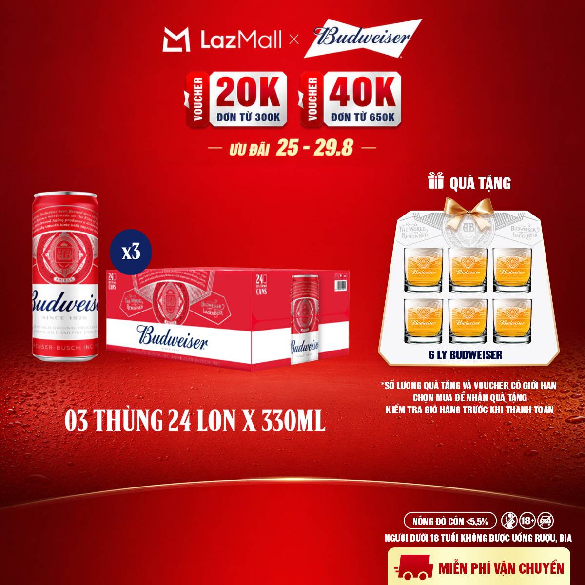 Combo 3 Thùng 24 Lon Bia Budweiser Sleek Can Chính Hãng (330ml/lon)