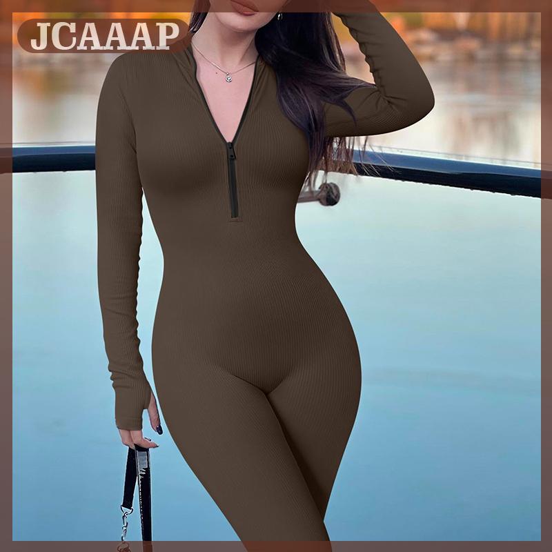  JCAAAP Phụ Nữ Của Yoga Jumpsuit Tập Thể Dục Gân Dài Tay Áo Phía Trước Zip Thể Thao Màu Rắn Bodysuit Jumpsuit 
