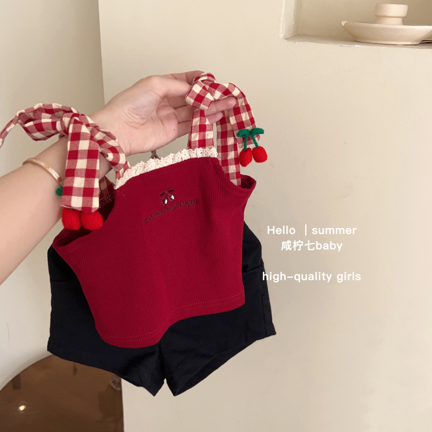 1-5-9 tuổi không tay cho bé gái áo dây Cherry T-Shirt Áo Thun áo thời trang