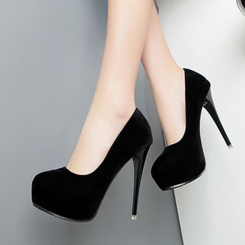 HIGH HEEL 12CM Black High Fine Heel Suede Waterproof Platform Sexy Spring and Autumn Round Head OL Office Work Women's Single Shoes