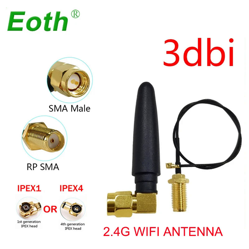 Eoth 1 2pcs 2.4G ăng-ten 3dBi SMA nam WLAN Wifi 2.4Ghz anten IPX IPEX 1 4 SMA nữ Pigtail cáp mở rộng IOT mô-đun anten