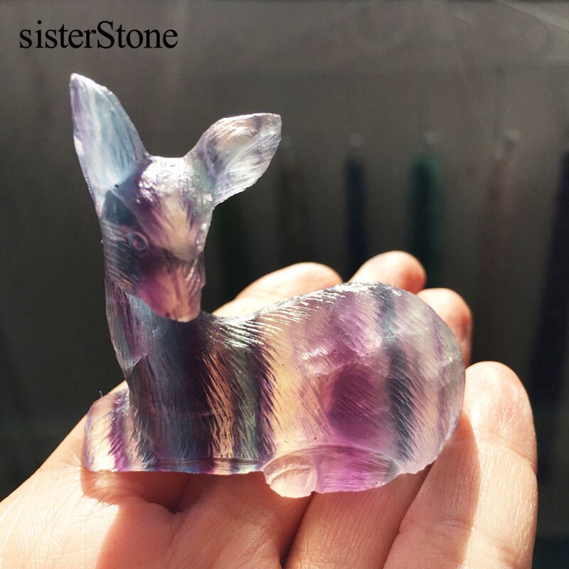 Natural Rainbow fluorite hand carved mini deer 2 quartz crystal healing stones hand carving animal for home decor stones (3)
