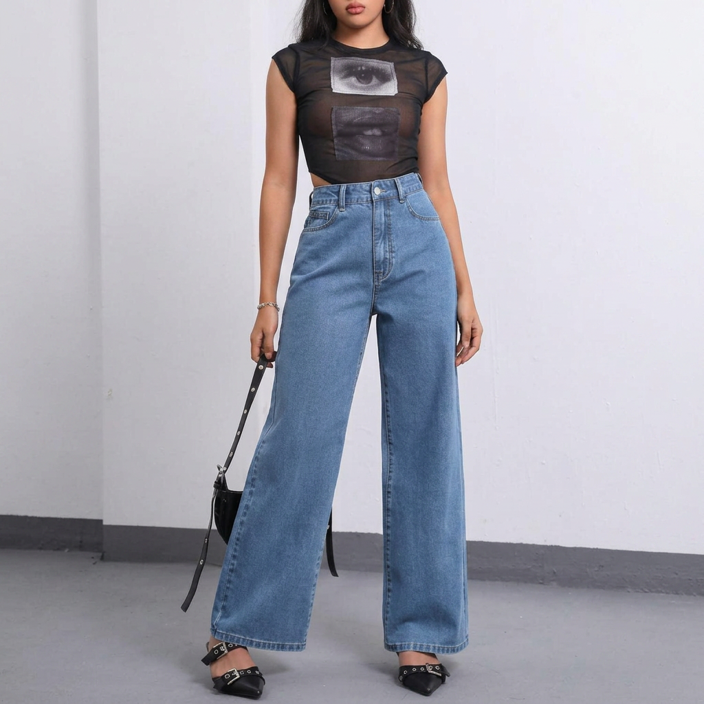 Medium Blue Wide Leg High Waisted Denim Jeans | Premium Quality | ZRANZIE