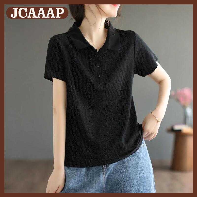 JCAAAP Cơ Bản Rắn Màu Rắn Màu Đen Ngắn Tay Lỏng Nút Ve Áo Của Phụ Nữ T-Shirt Đơn Giản Màu Đen Top Áo Sơ Mi Thời Trang Hàng Đầu Quần Áo