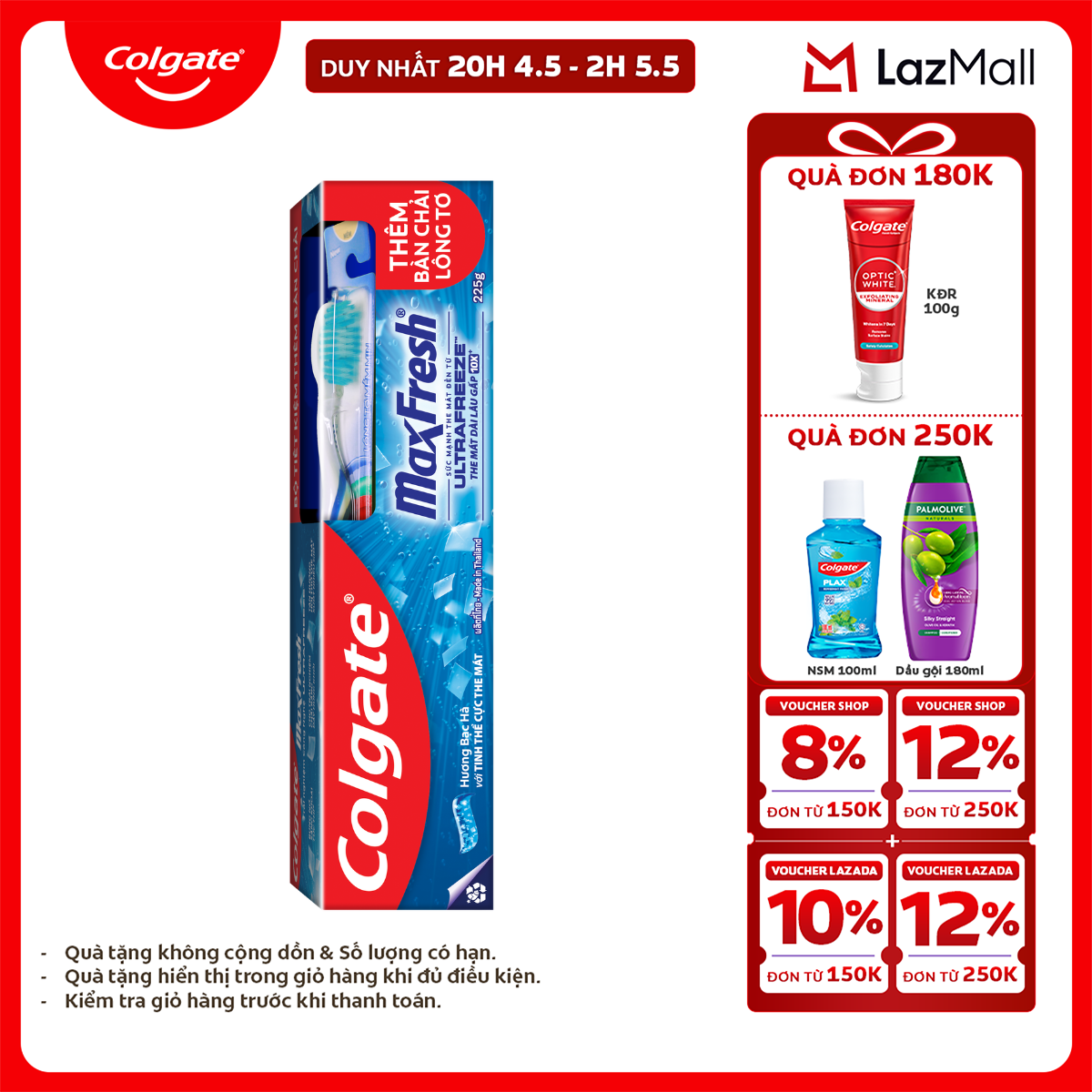 [Chỉ 25-29.4_X2 Voucher giảm 20%] Kem đánh răng Colgate MaxFresh ULTRAFREEZE the mát gấp 10X 225g /tuýp tặng bàn chải đánh răng lông mềm