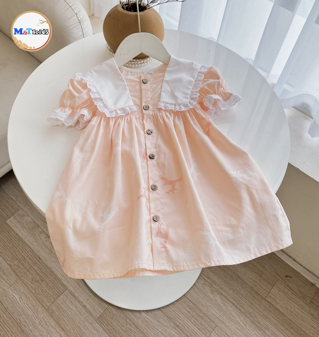 Váy bé gái thô lụa phối cổ cách điệu - mt5448