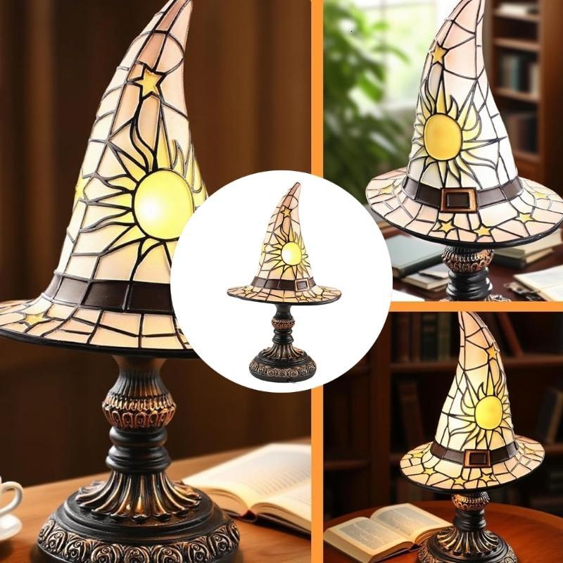 Bí Ẩn mũ phù thủy Đèn bàn Halloween Gothic kiểu dáng thủ công lễ hội đồ thủ công bằng nhựa thông ánh sáng tự nhiên vàng