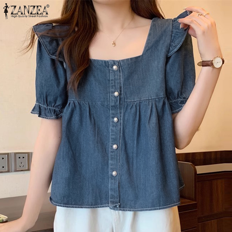 Zanzea nữ phong cách Hàn Quốc Áo sơ mi denim thời trang mới phồng tay ngắn trang trí xếp nếp A-line Top Áo #10