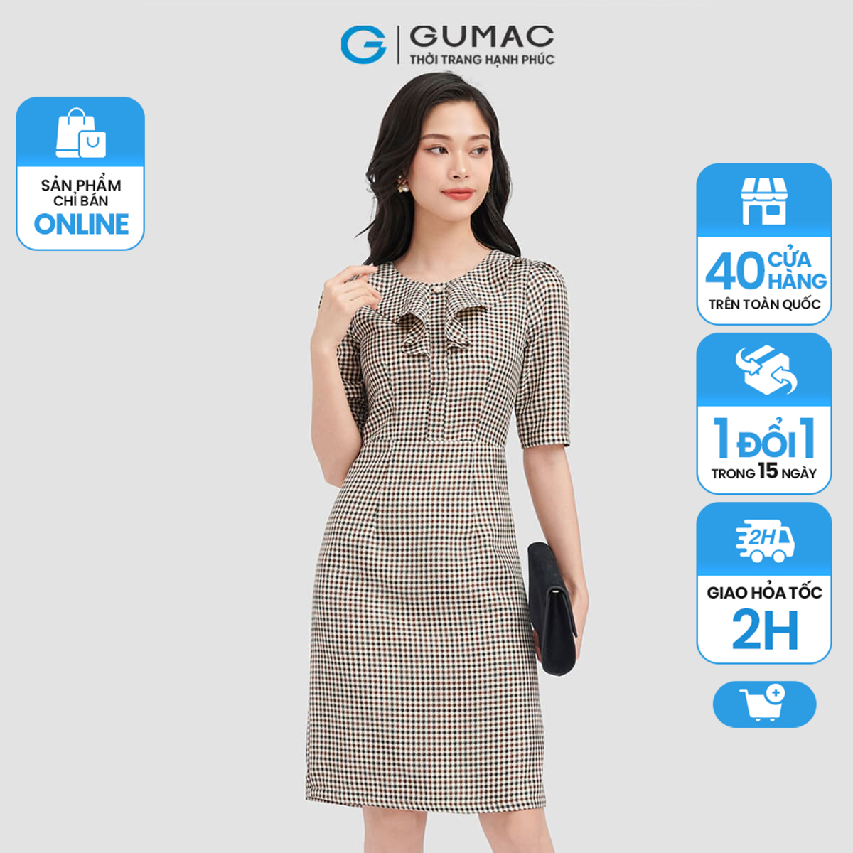 Đầm caro gumac, đầm form a cổ bèo tay lỡ ld0918