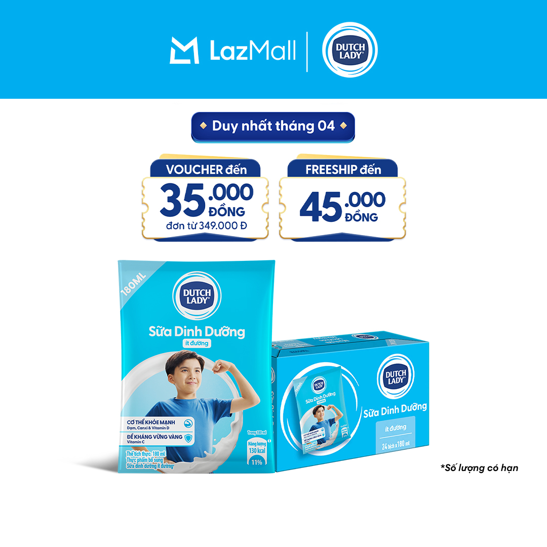 Thùng 24 Bịch Sữa Tươi Dinh Dưỡng Ít Đường Dutch Lady 180ml (24x180ml)