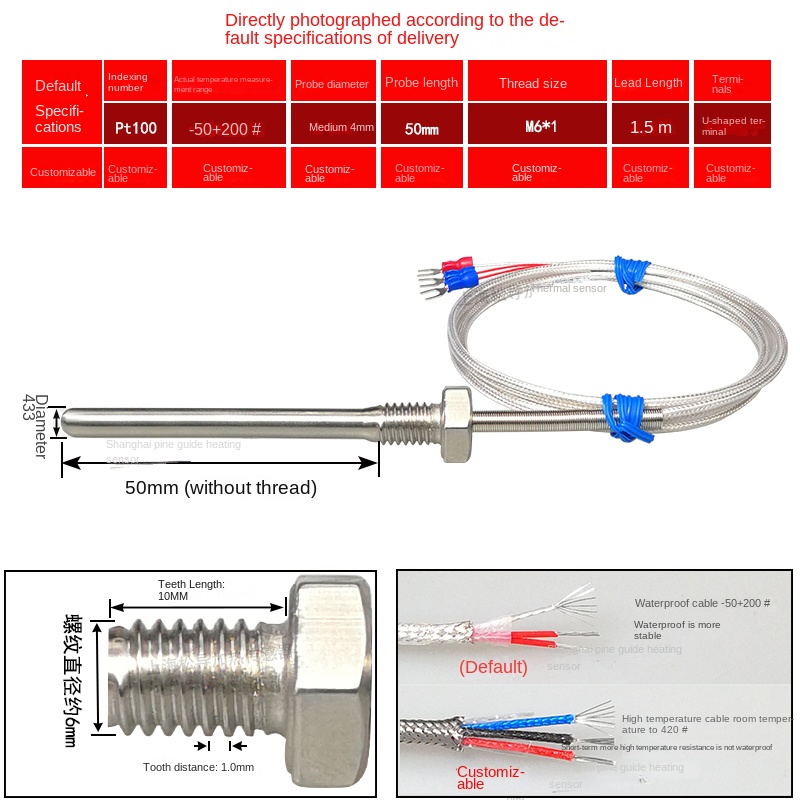 Pt100 Cảm Biến Nhiệt Độ Chống Nước Ren Cố Định | Đầu Dò 50-100mm | -50~200°C | Dây 1.5m | Thép Không Gỉ | Hàng Chính Hãng - m6 * 1/φ 4*50mm