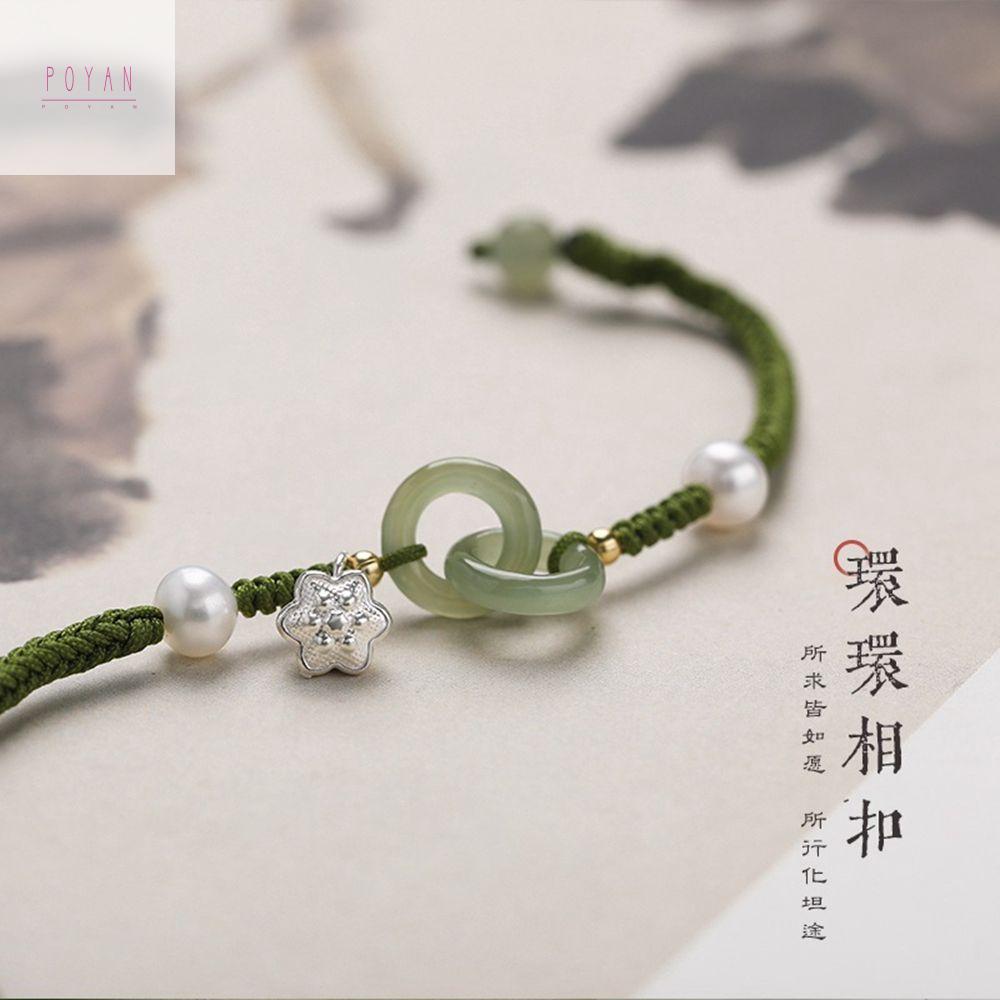 POYAN Có thể điều chỉnh Retro Trung Quốc Phong Cách Trang Sức Dệt Tay Dây Tua PINGAN Khóa Vòng Cổ Vòng Đeo Tay Vòng Đeo Tay hạt Phụ nữ Bangles Vòng Đeo Tay ngọc bích Nữ Dây Chuyền