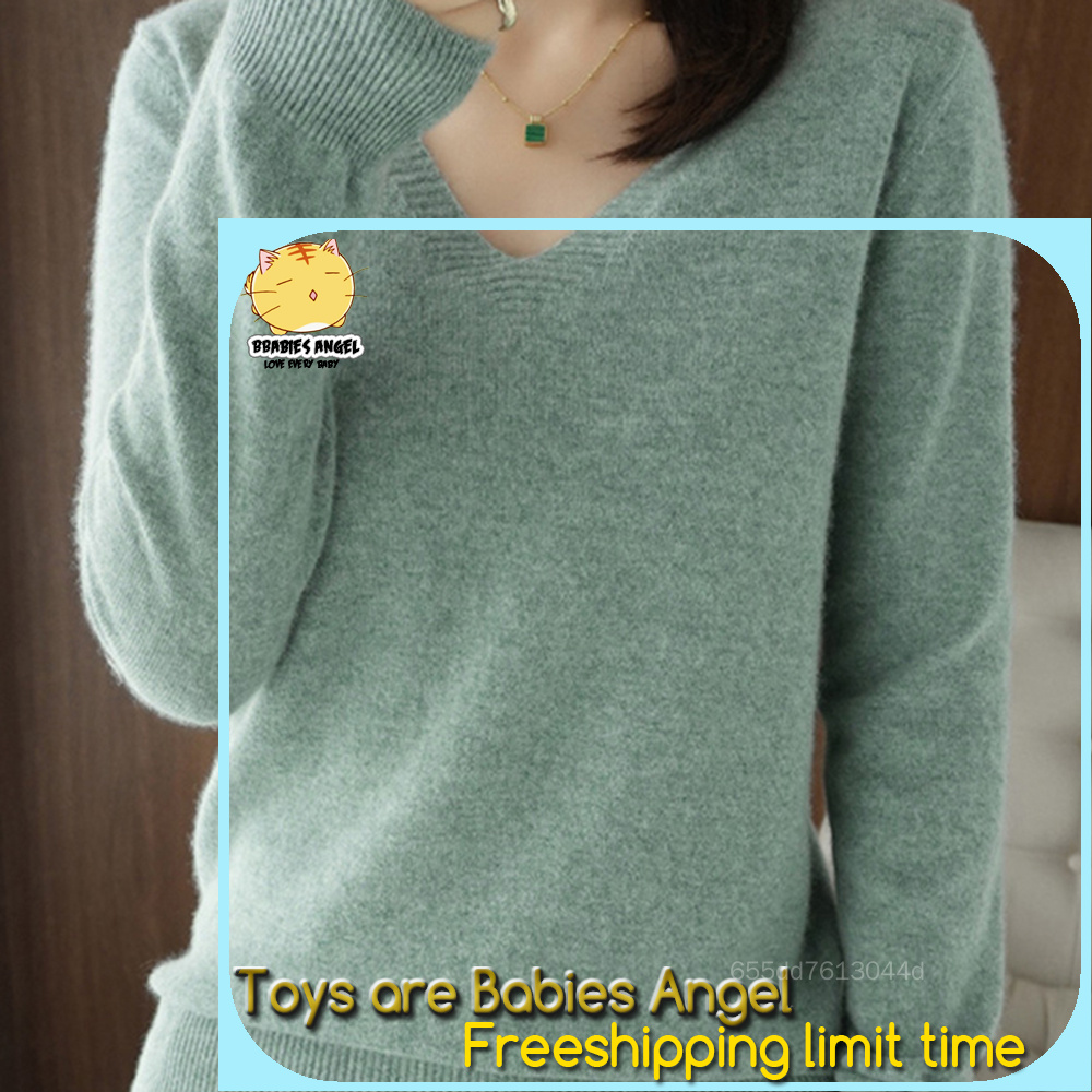 Bbabies áo Áo len chui đầu cho áo len dệt kim cổ chữ V tay phụ nữ dài phổ biến cho mùa xuân mùa thu Angel-My