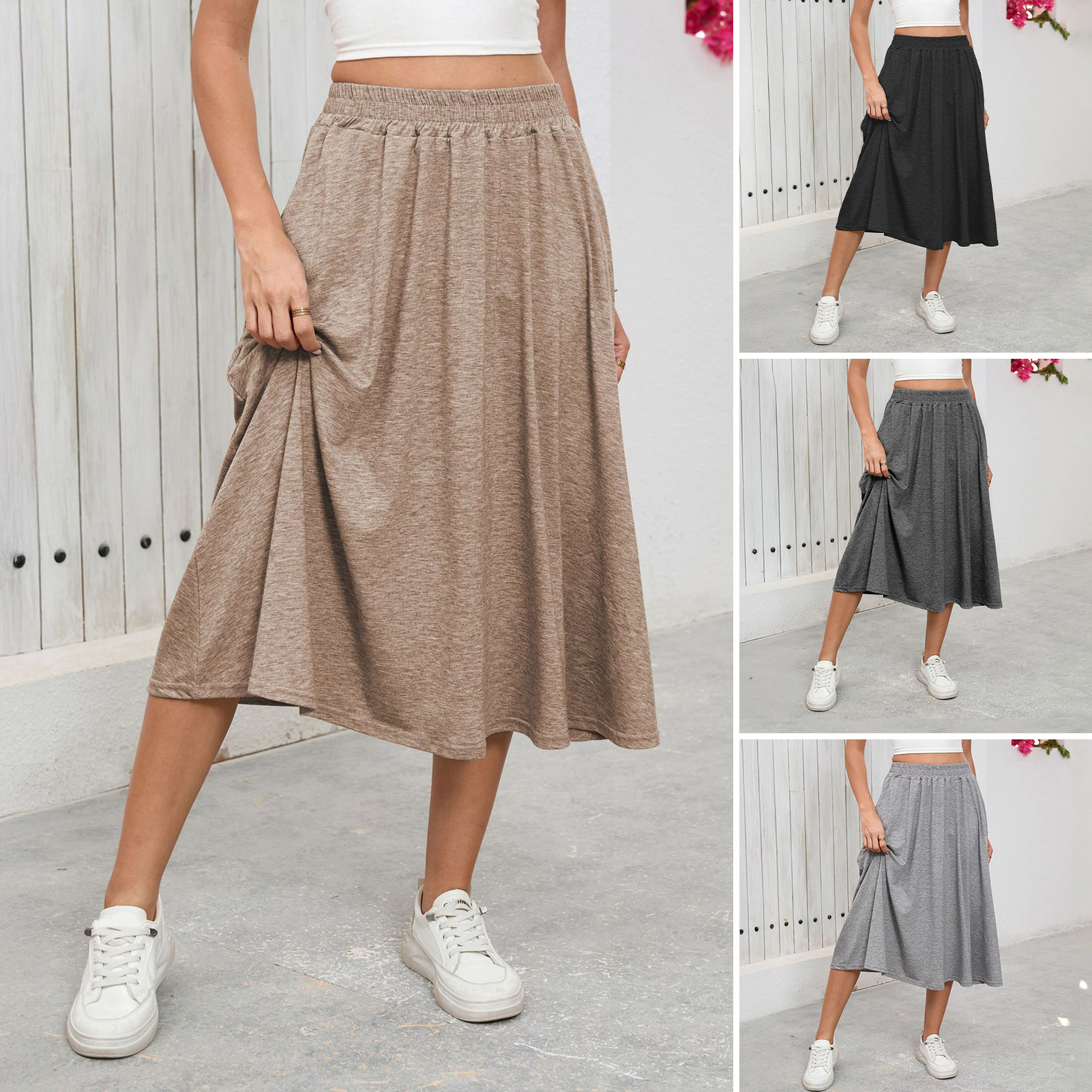 Meek fantisia váy cạp cao Chic váy váy midi eo cao đàn hồi cho phụ nữ hợp thời trang giữa dài đến bắp chân váy màu trơn hoàn hảo cho công việc hoặc mặc giản dị