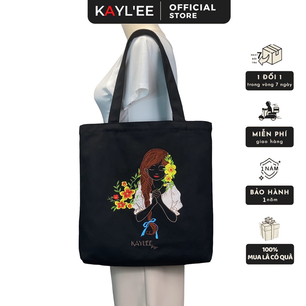 [Túi Thêu] Túi Tote Nữ Vải Canvas KAYLEE Thêu Hình Cô Gái Đeo Vai Xách Tay Có Khóa Kéo Miệng KT 39x37x6cm TT02