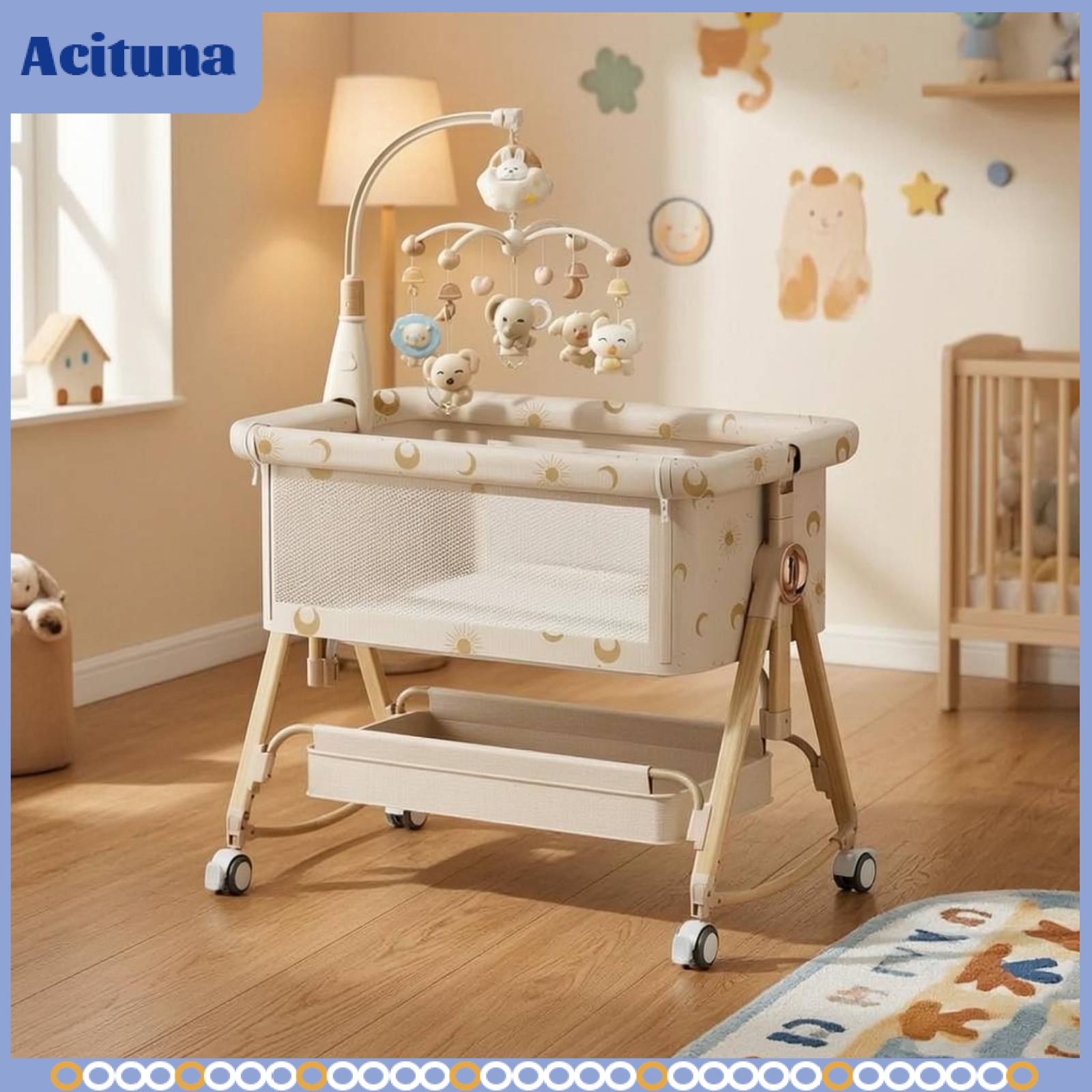 Acituna Foldable Baby Bedside Crib Multifunction Portable Crib Mobile Co Sleeper Bassinet Easy to Assemble for Newborns Babies