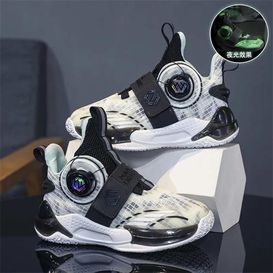 New Kids‘ Basketball Shoes Mesh Breathable Cushioning Rotating Button Sport Shoes Training Athletic Basketball Sneakers Boys