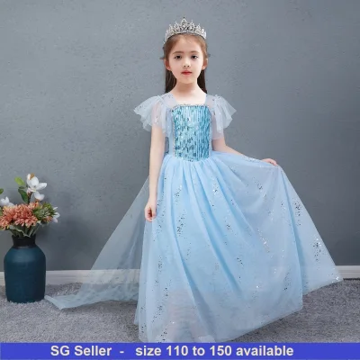 SG Seller Frozen 2 Elsa Anna Party Dress Costume Kids Children party costume short sleeved long removable cape cotton material blue color normal cutting size 110 to 150 available suitable for 3 to 10 years old