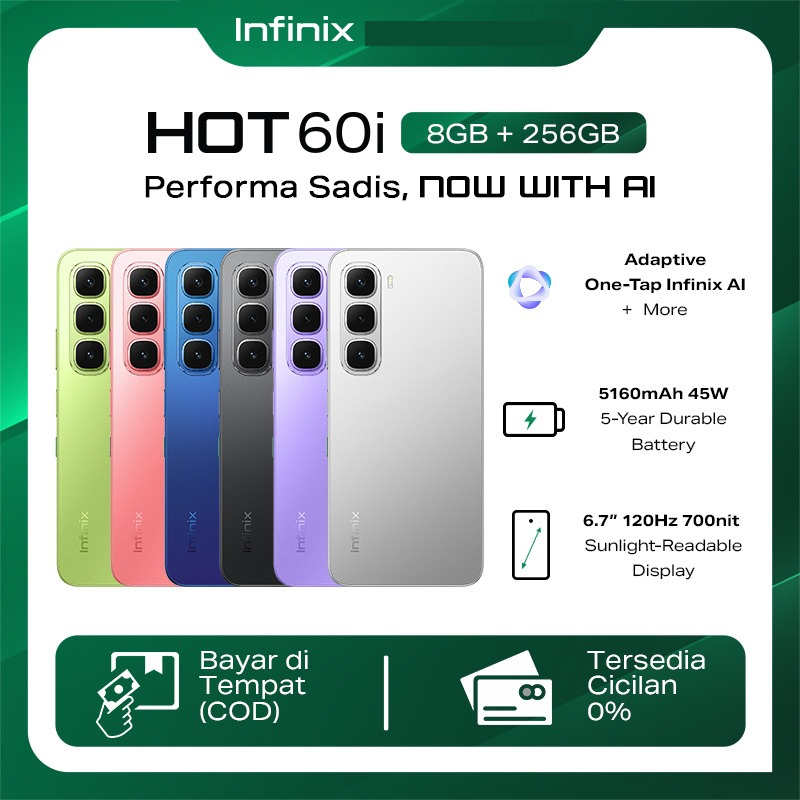 Infinix Hot 60i [8/256GB] - Up to 16GB Extended RAM - Helio G81 - 6.7 inch 120Hz HD+ - 50MP - 5160 mAh - NFC Harga  1,804,050 Ringgit*Penghantaran Percuma